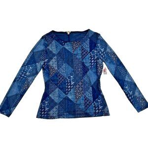 New Reba Blue Floral Patchwork Top Blouse Womens Size Medium Lined Stretchy NWT